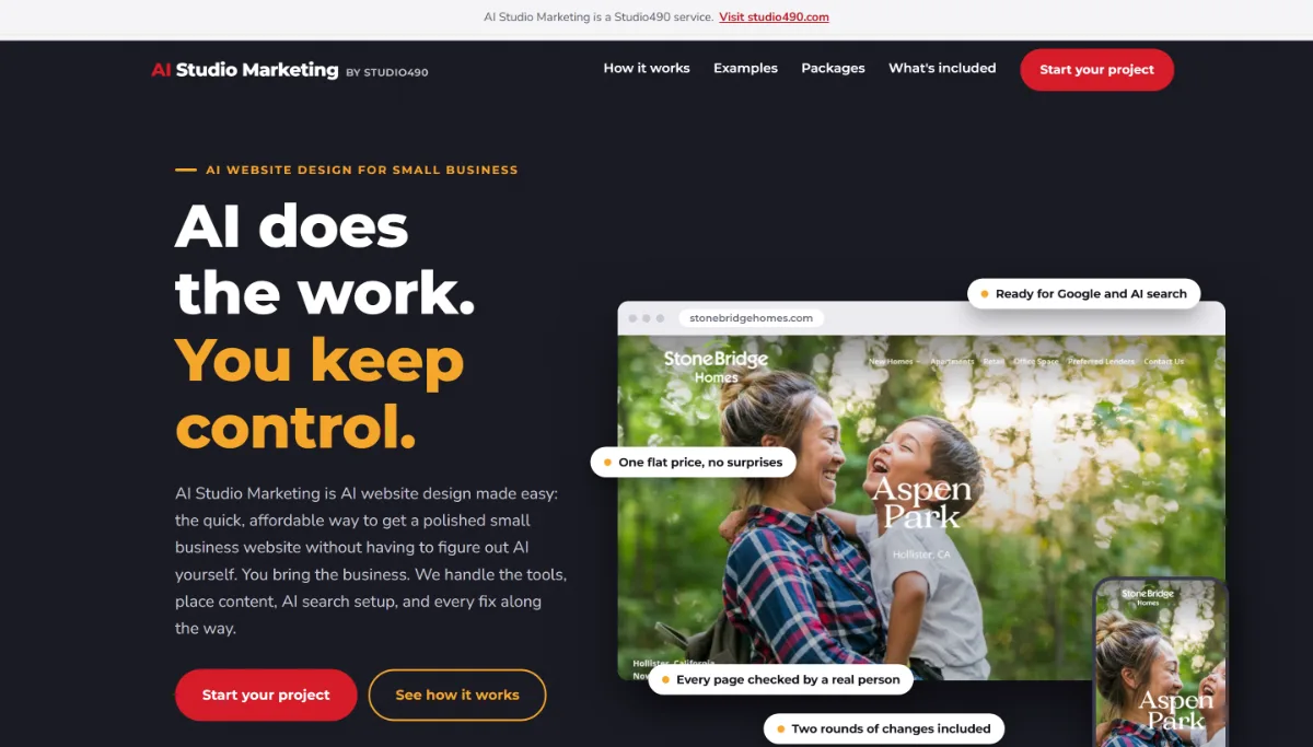 This site: the AI Studio Marketing homepage, an AI website design by Studio490