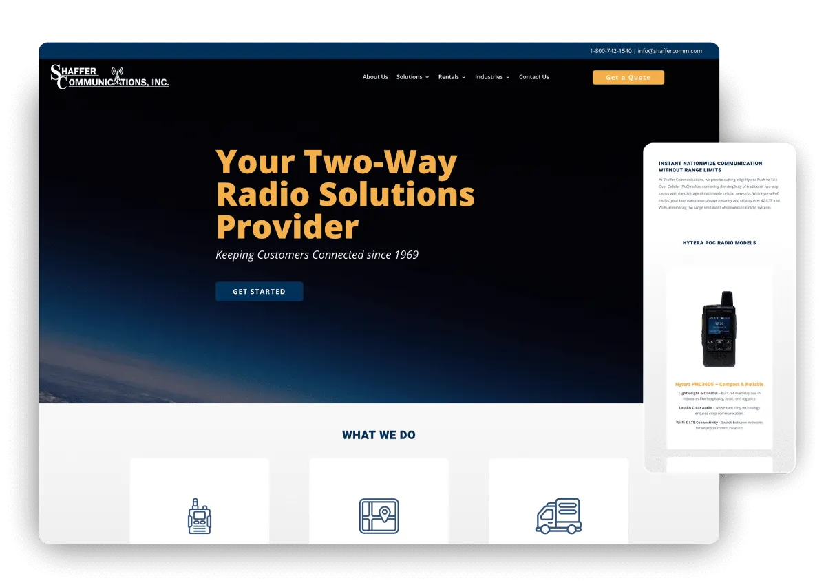 Two-way radio solutions website by Studio490 on desktop and phone